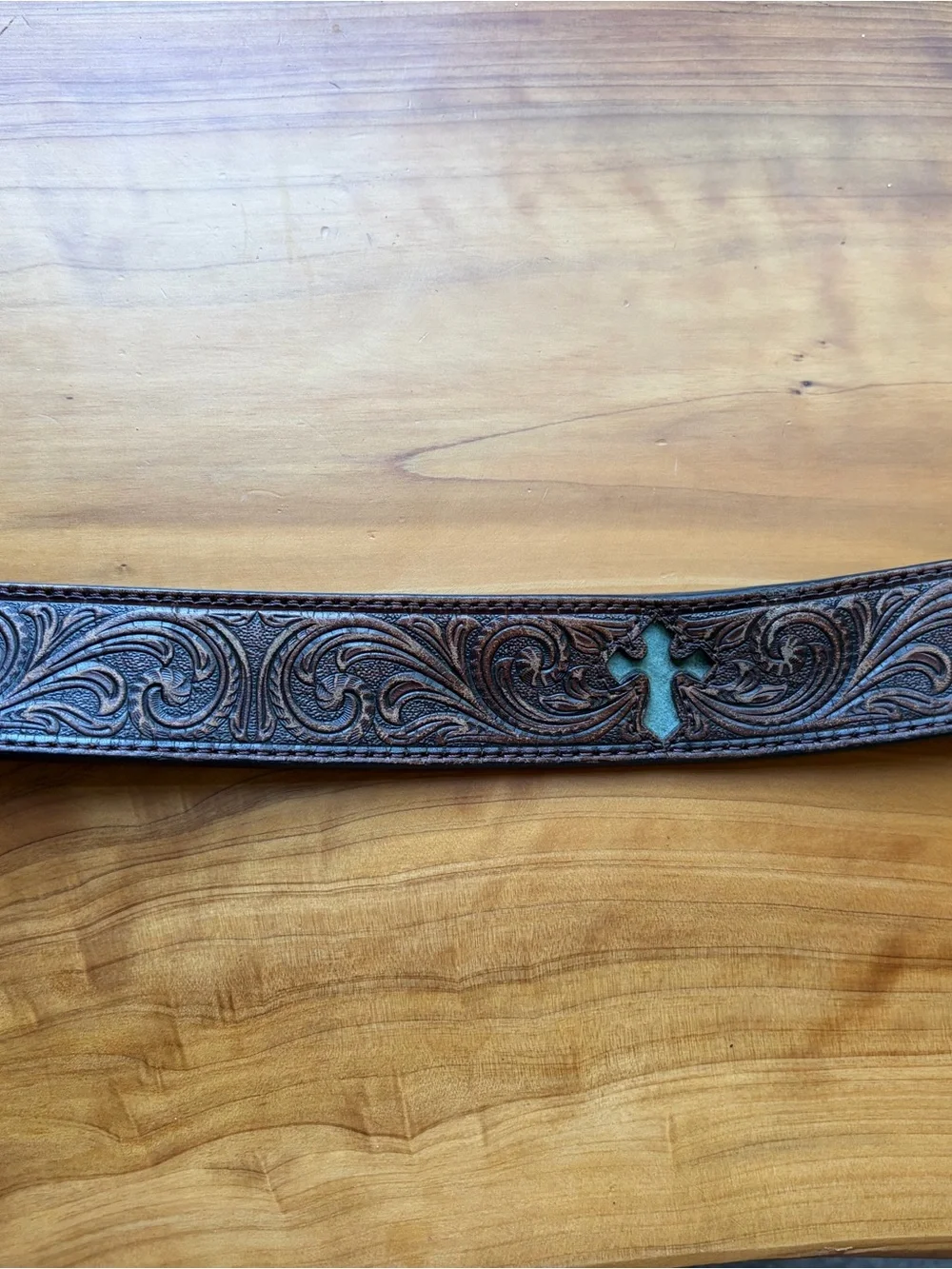 Nocona Brown Tooled Leather Belt with Silver-Tone Buckle and Turquoise Cross